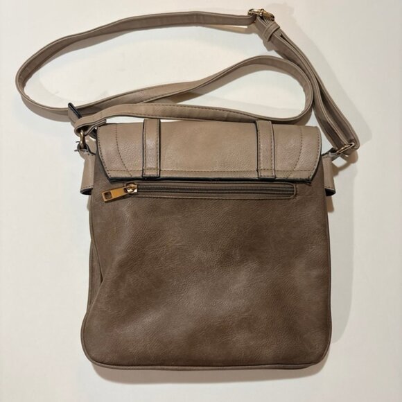 ALYSSA Double Compartment Flap Crossbody Bag Taupe Faux Leather Gold Hardware - Picture 4 of 12